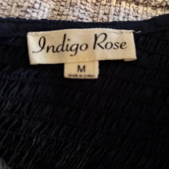 Indigo Rose Navy Smocked Yoke Flutter Sleeve Boho Cottagecore Dress EUC M - Picture 4 of 6